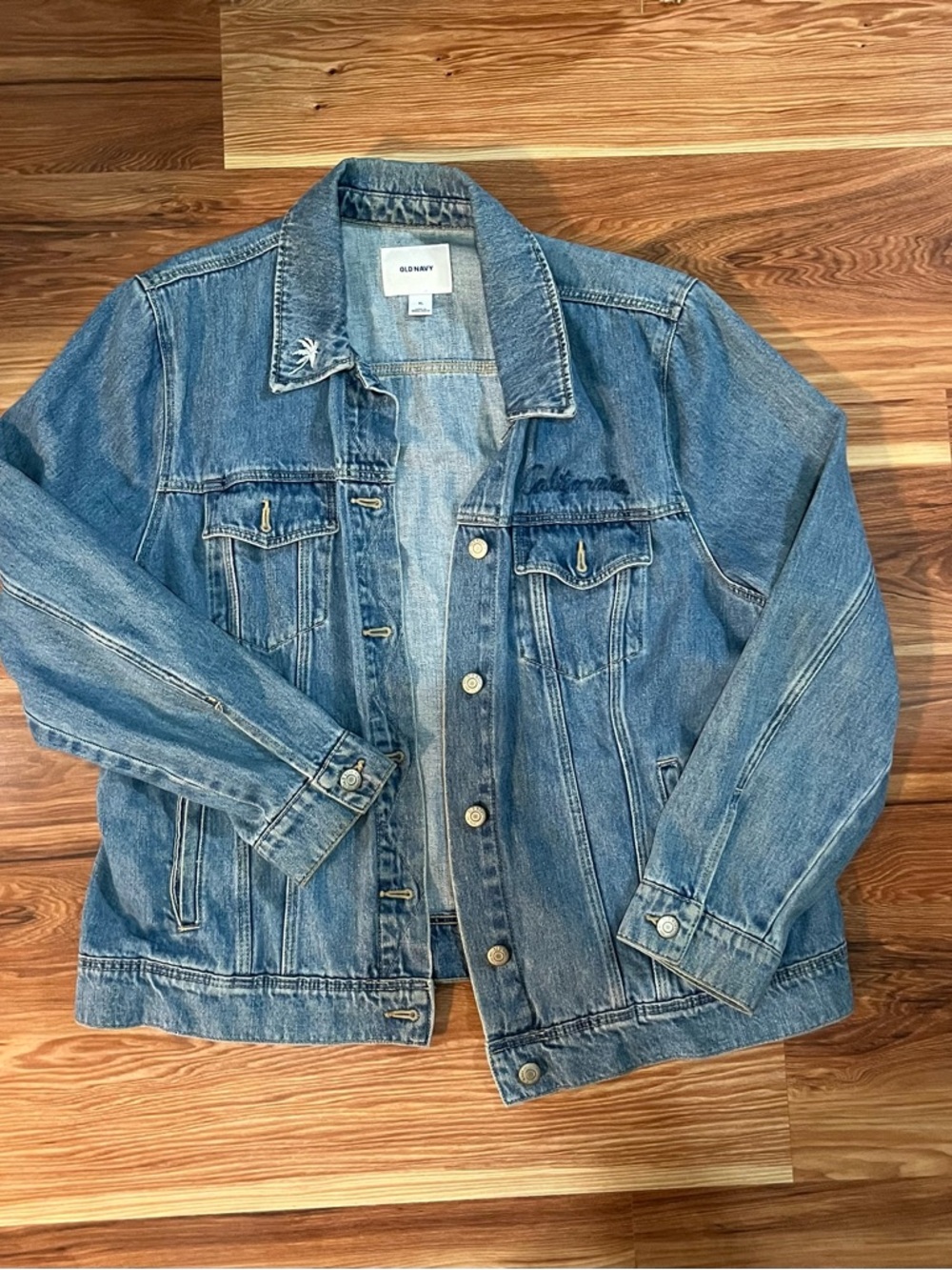 Old Navy Medium Wash Blue Denim Jacket with Subtle Embroidery